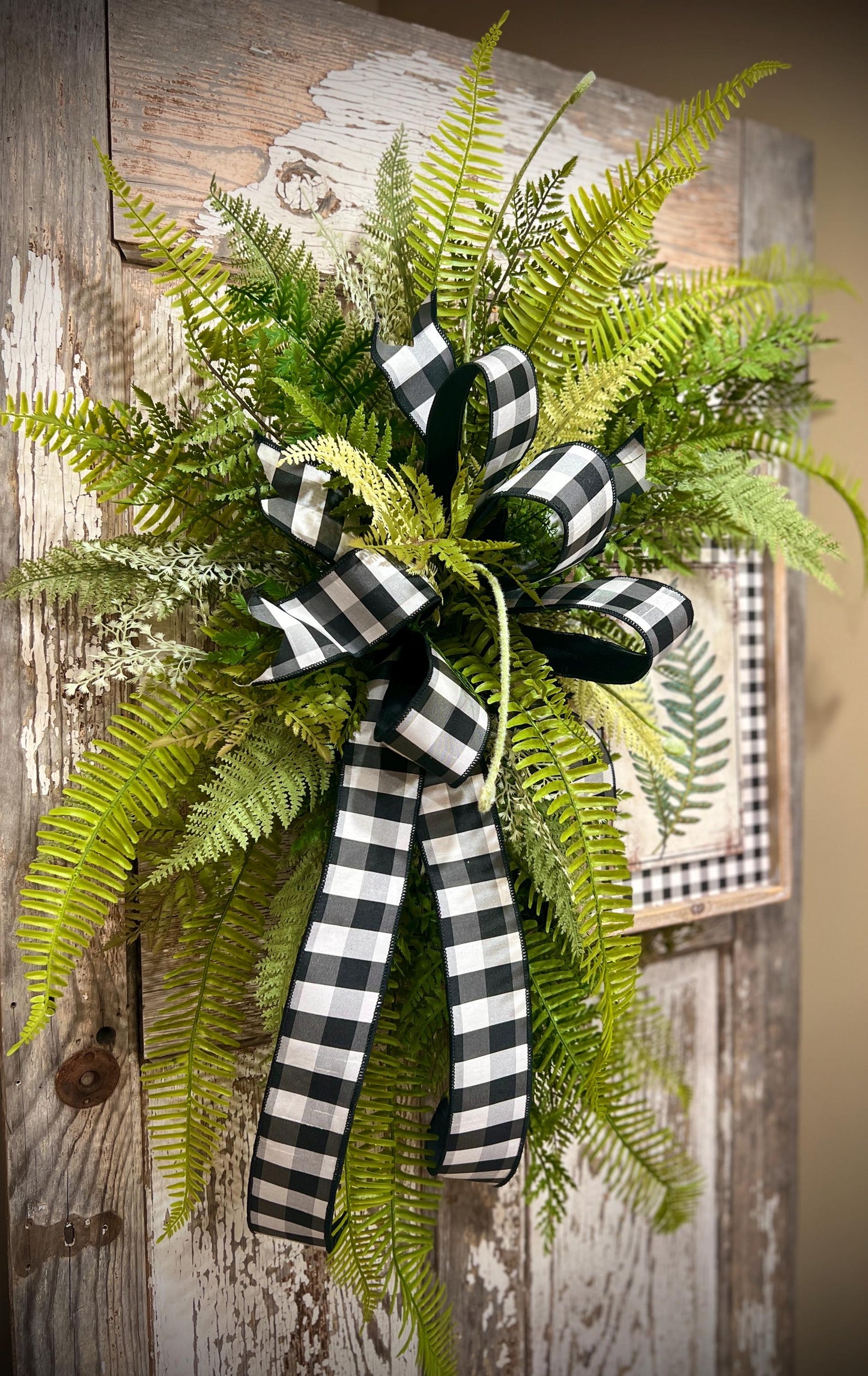 Designer Twig Fern Wreath with wooden fern picture - Top Tier Designer buffalo check bow