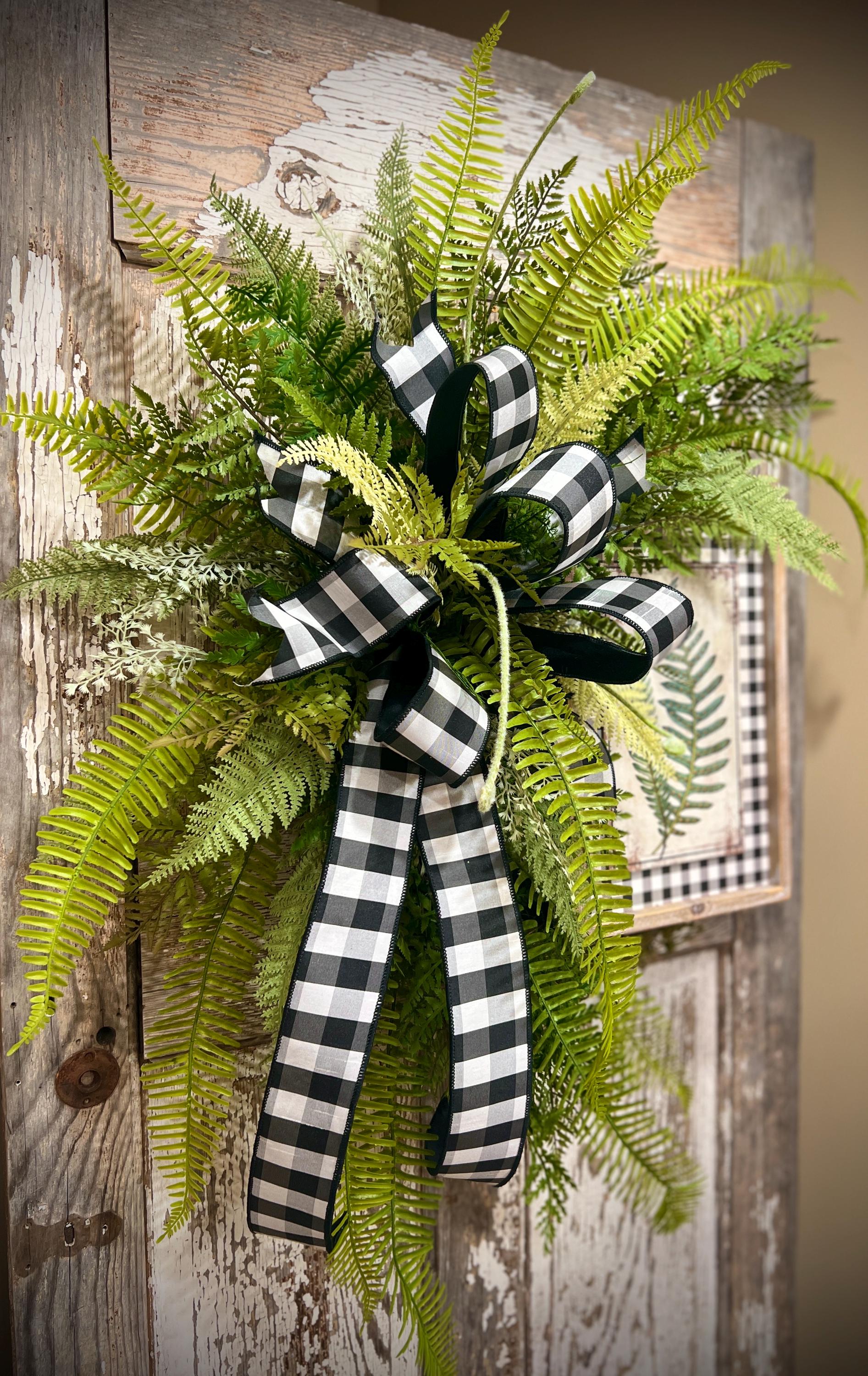 Designer Twig Fern Wreath with wooden fern picture - Top Tier Designer buffalo check bow