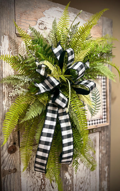 Designer Twig Fern Wreath with wooden fern picture - Top Tier Designer buffalo check bow