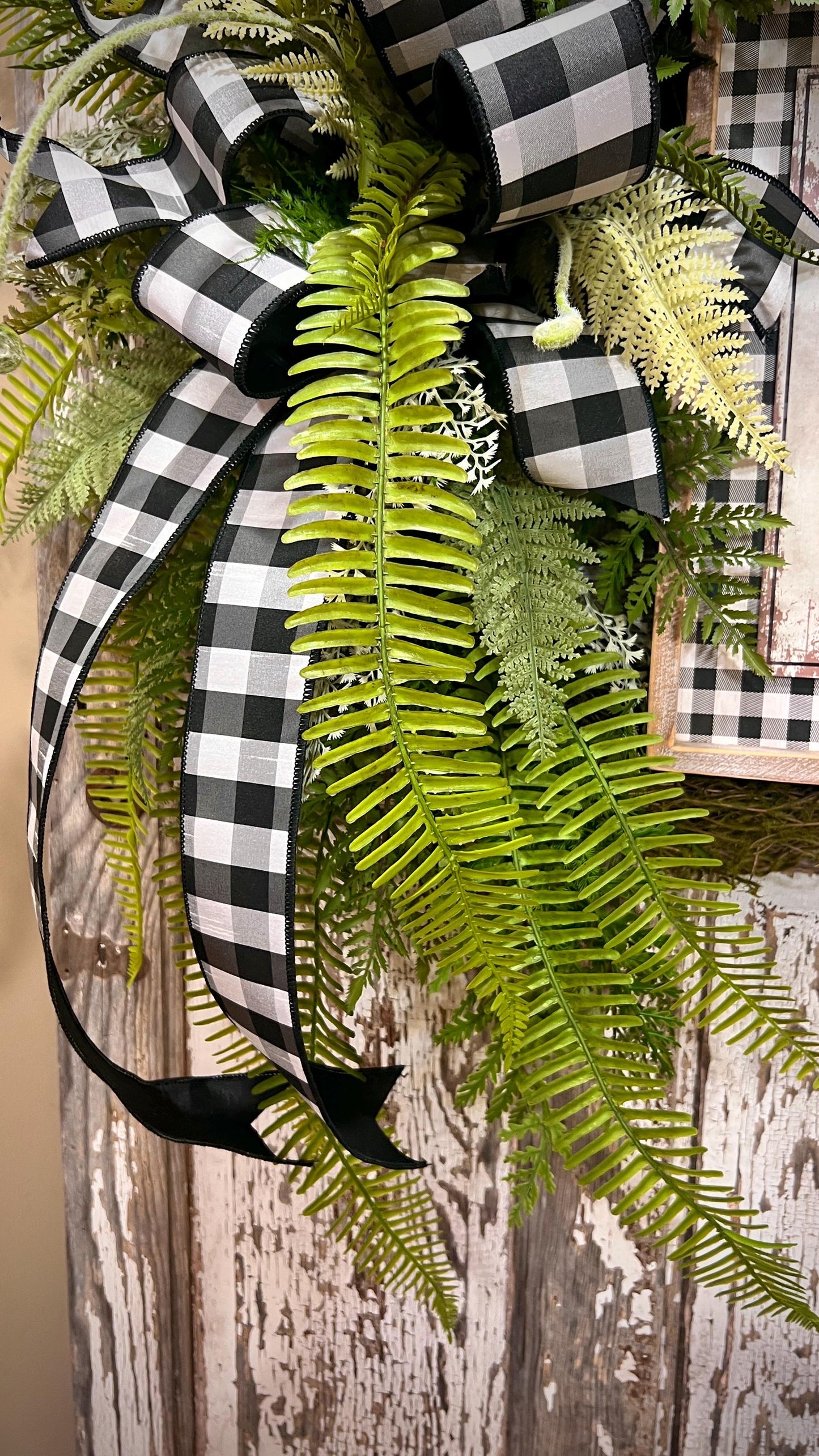 Designer Twig Fern Wreath with wooden fern picture - Top Tier Designer buffalo check bow