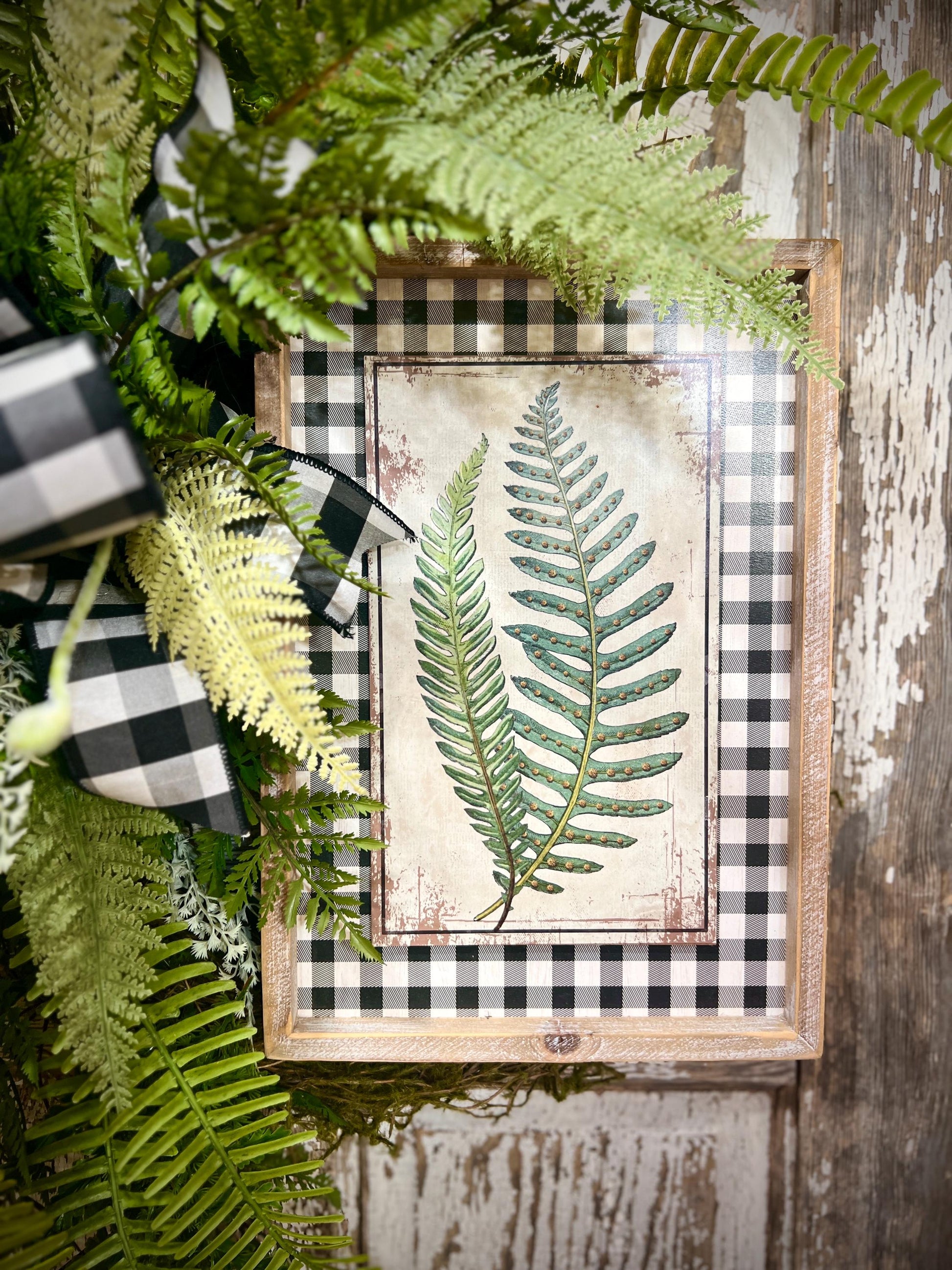 Designer Twig Fern Wreath with wooden fern picture - Top Tier Designer buffalo check bow