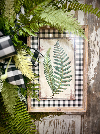 Designer Twig Fern Wreath with wooden fern picture - Top Tier Designer buffalo check bow
