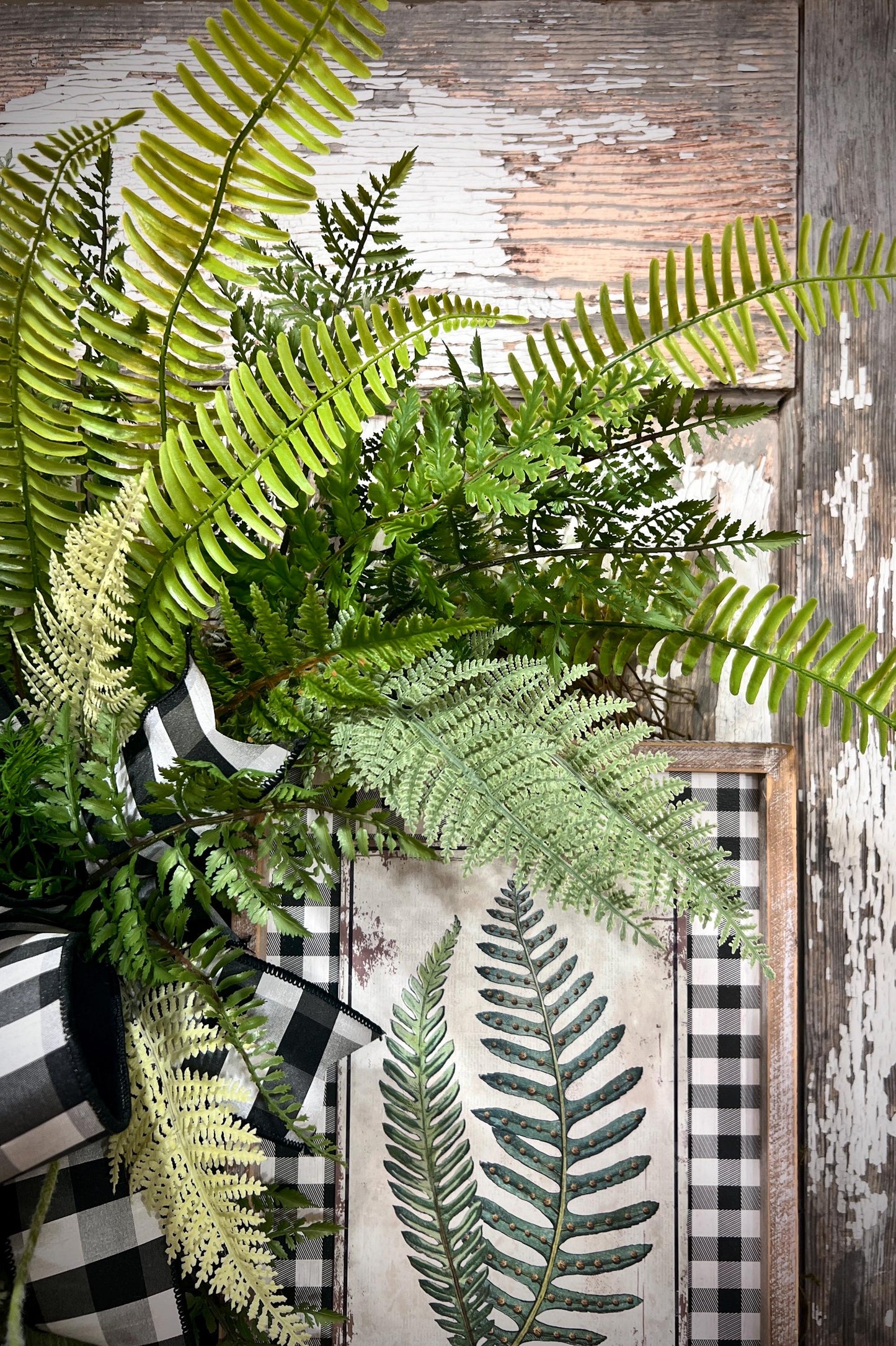 Designer Twig Fern Wreath with wooden fern picture - Top Tier Designer buffalo check bow