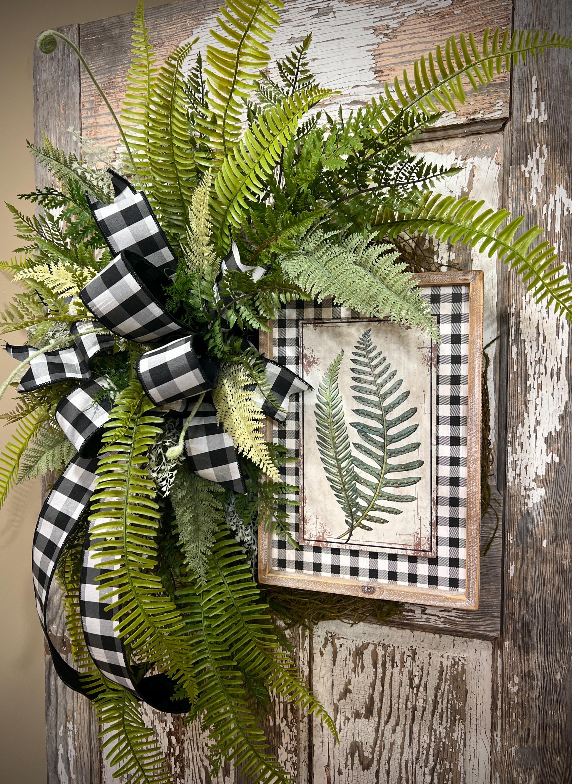 Designer Twig Fern Wreath with wooden fern picture - Top Tier Designer buffalo check bow