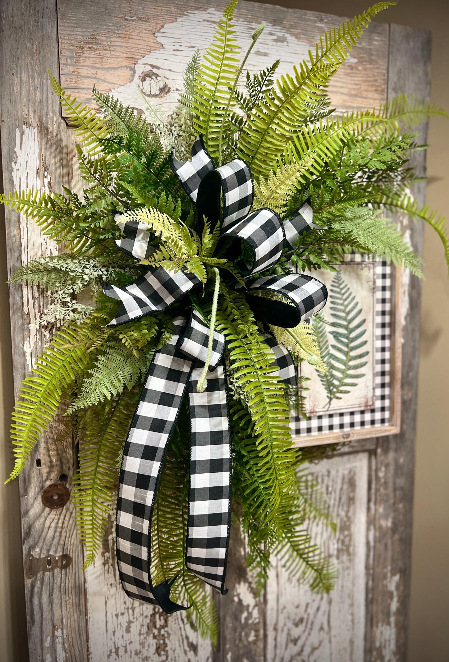 Designer Twig Fern Wreath with wooden fern picture - Top Tier Designer buffalo check bow