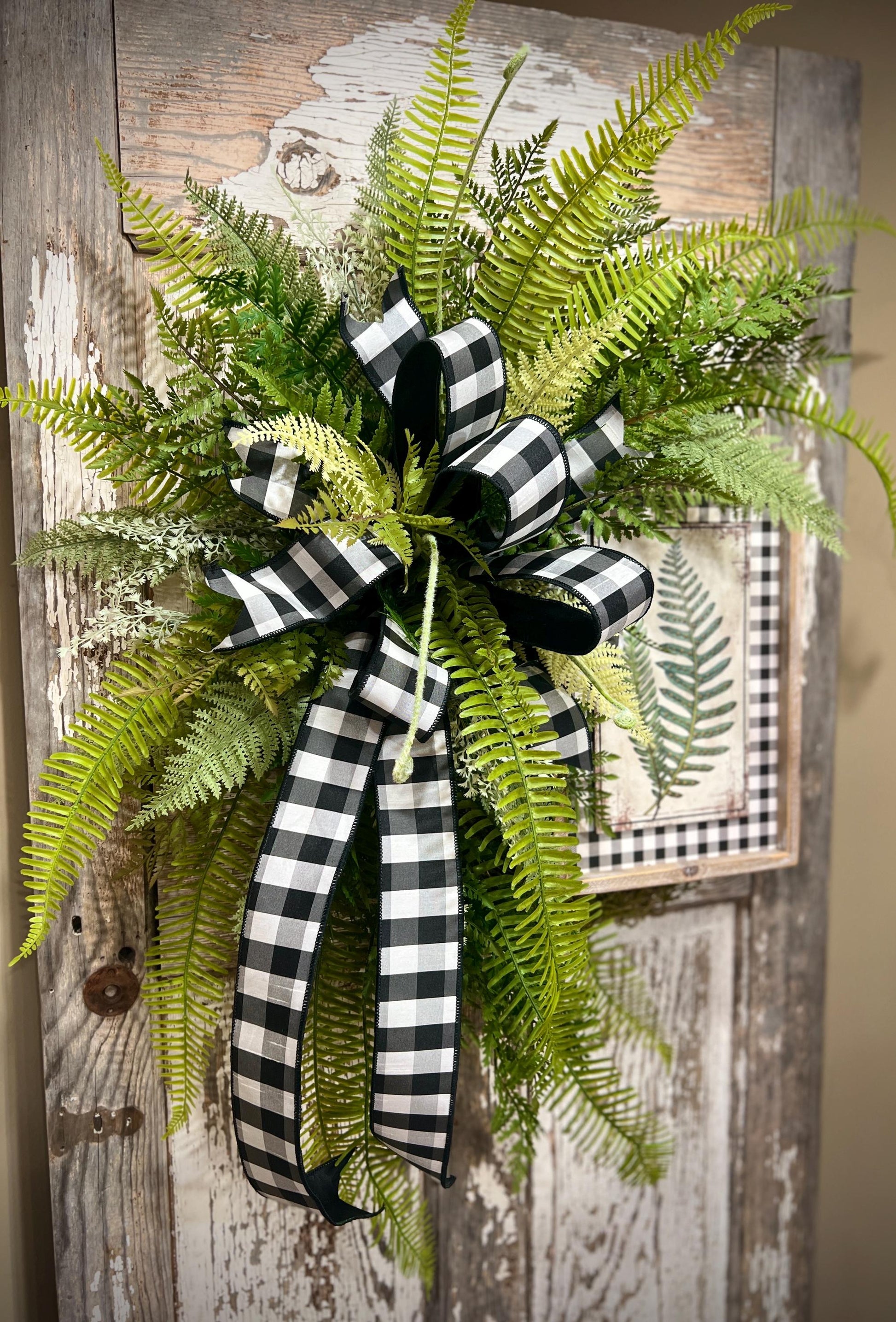 Designer Twig Fern Wreath with wooden fern picture - Top Tier Designer buffalo check bow