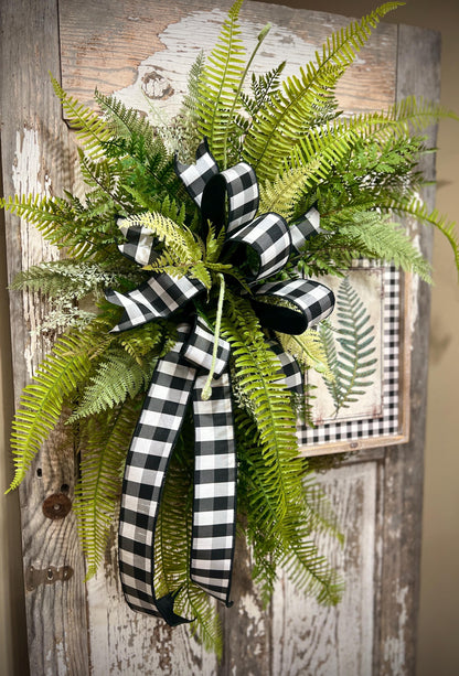 Designer Twig Fern Wreath with wooden fern picture - Top Tier Designer buffalo check bow
