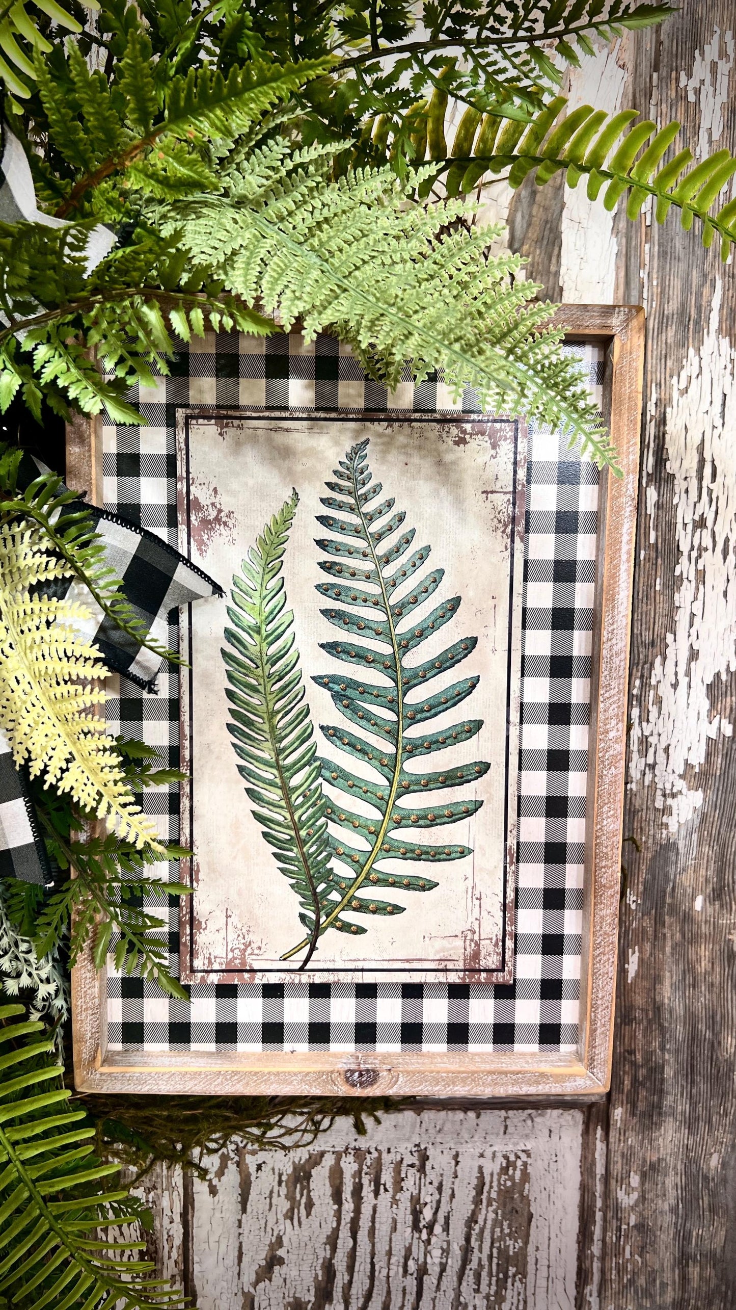Designer Twig Fern Wreath with wooden fern picture - Top Tier Designer buffalo check bow