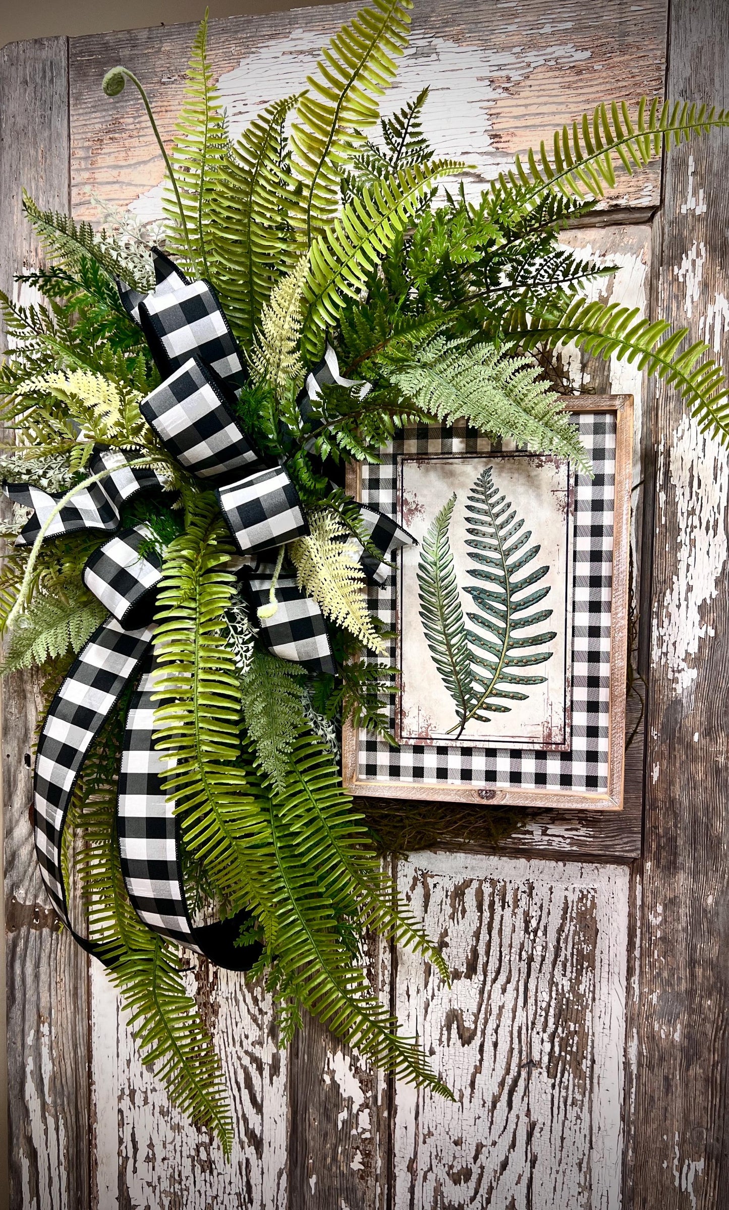 Designer Twig Fern Wreath with wooden fern picture - Top Tier Designer buffalo check bow