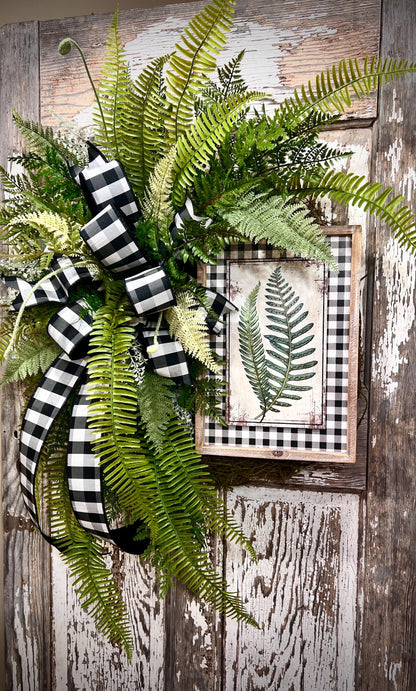Designer Twig Fern Wreath with wooden fern picture - Top Tier Designer buffalo check bow