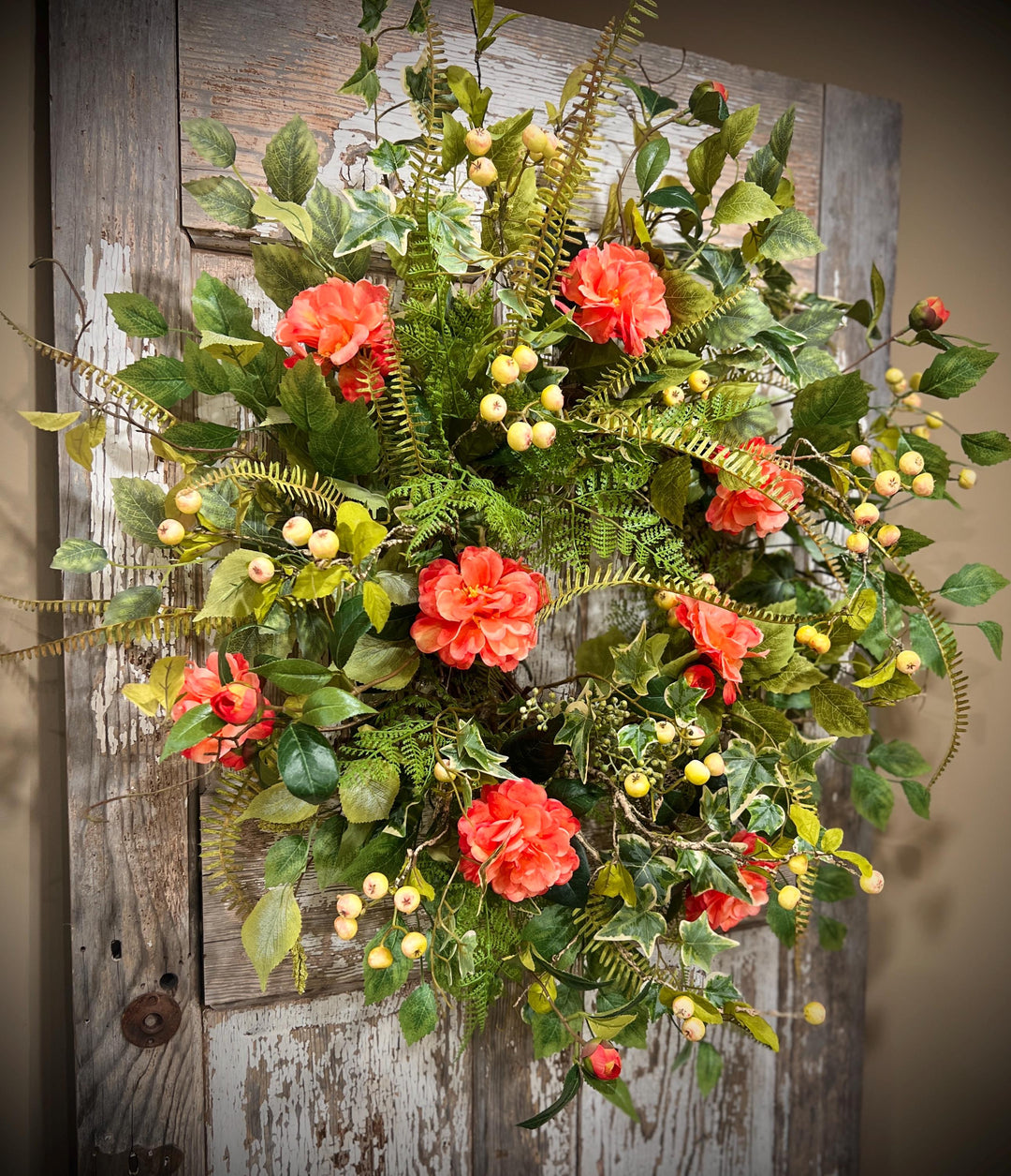 Spring Floral Woodland Grapevine Wreath - Camelias with Ferns and Berries