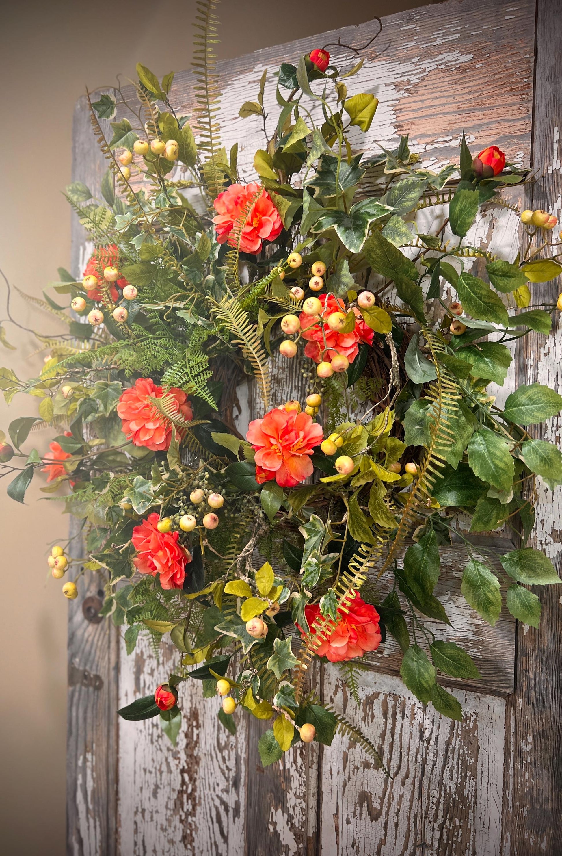 Spring Floral Woodland Grapevine Wreath - Camelias with Ferns and Berries