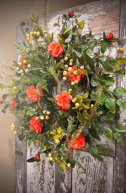 Spring Floral Woodland Grapevine Wreath - Camelias with Ferns and Berries