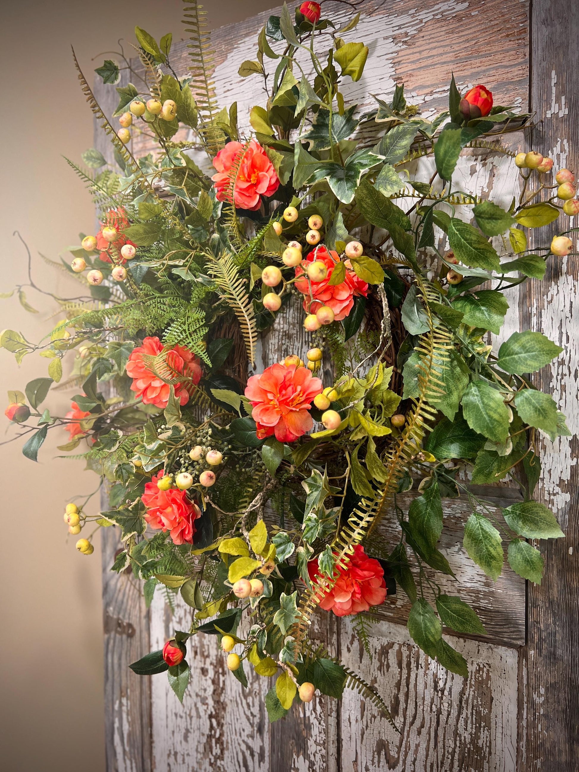 Spring Floral Woodland Grapevine Wreath - Camelias with Ferns and Berries