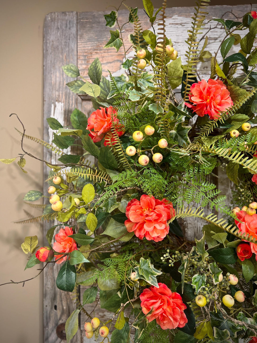 Spring Floral Woodland Grapevine Wreath - Camelias with Ferns and Berries