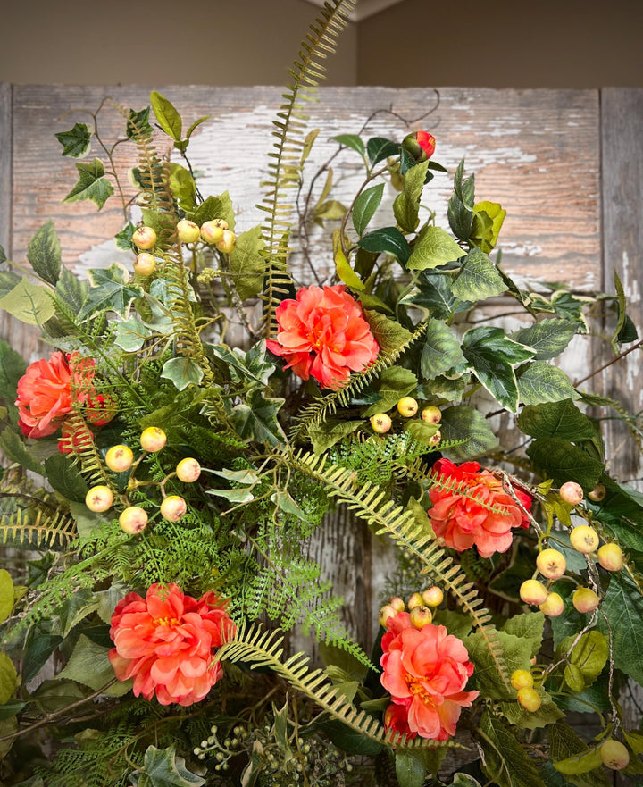 Spring Floral Woodland Grapevine Wreath - Camelias with Ferns and Berries