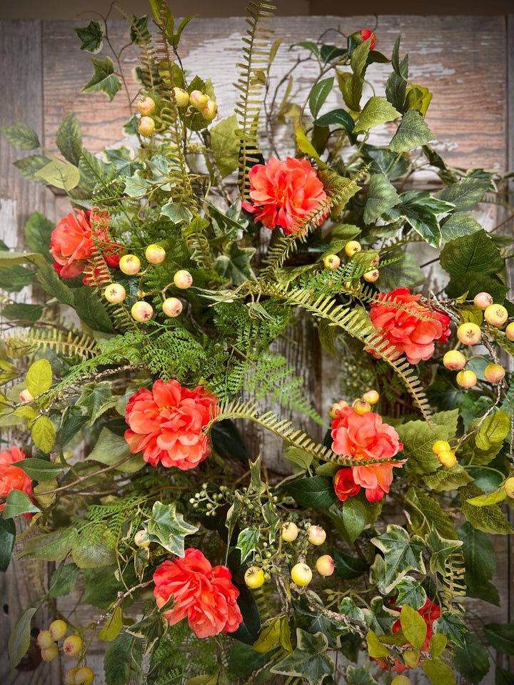 Spring Floral Woodland Grapevine Wreath - Camelias with Ferns and Berries