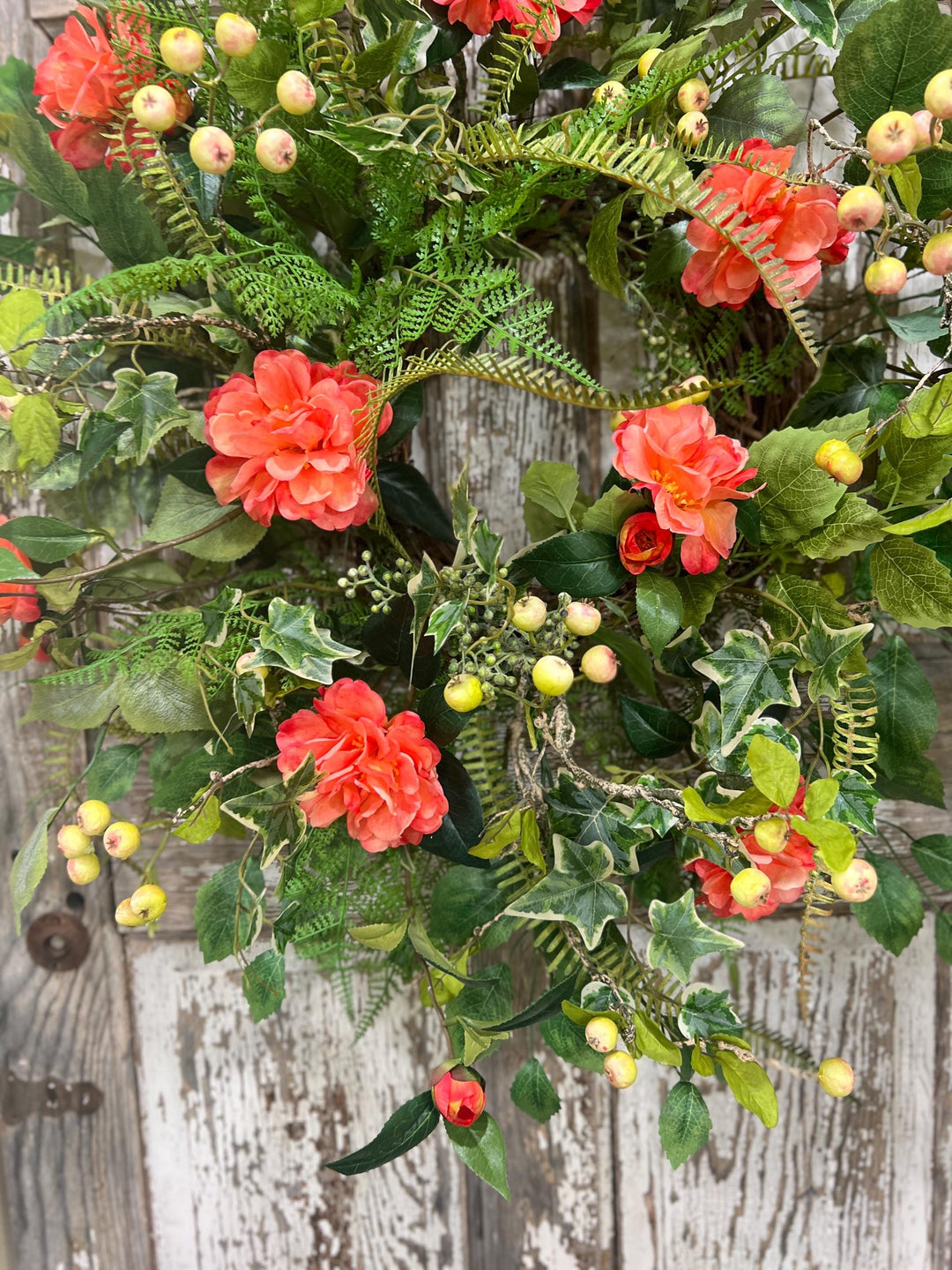 Spring Floral Woodland Grapevine Wreath - Camelias with Ferns and Berries