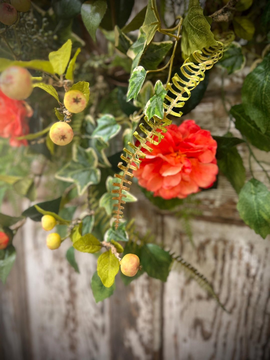 Spring Floral Woodland Grapevine Wreath - Camelias with Ferns and Berries