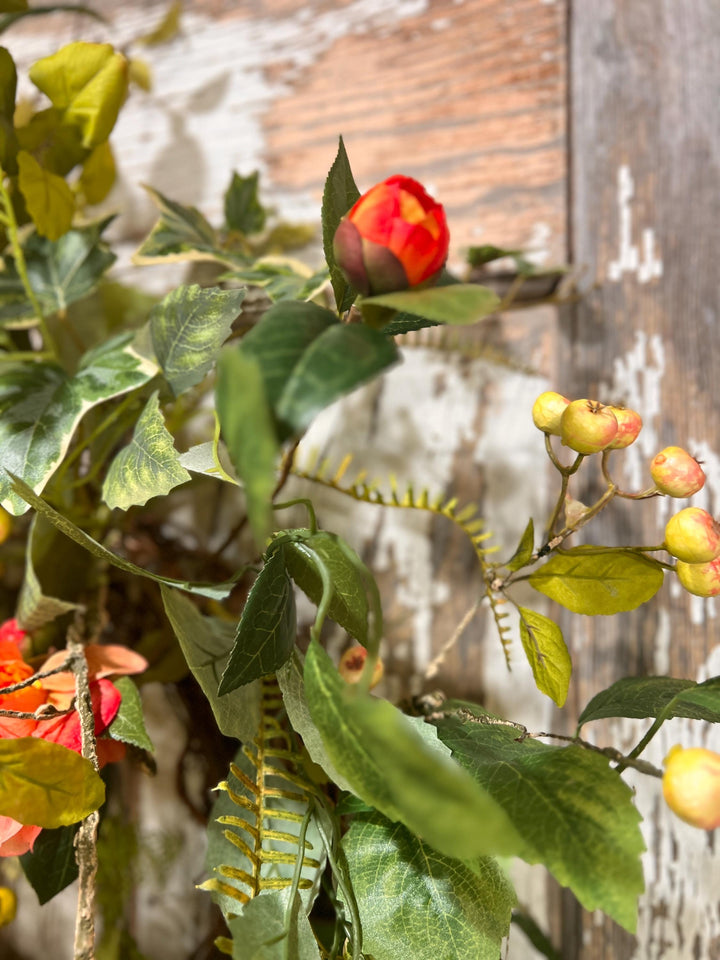 Spring Floral Woodland Grapevine Wreath - Camelias with Ferns and Berries