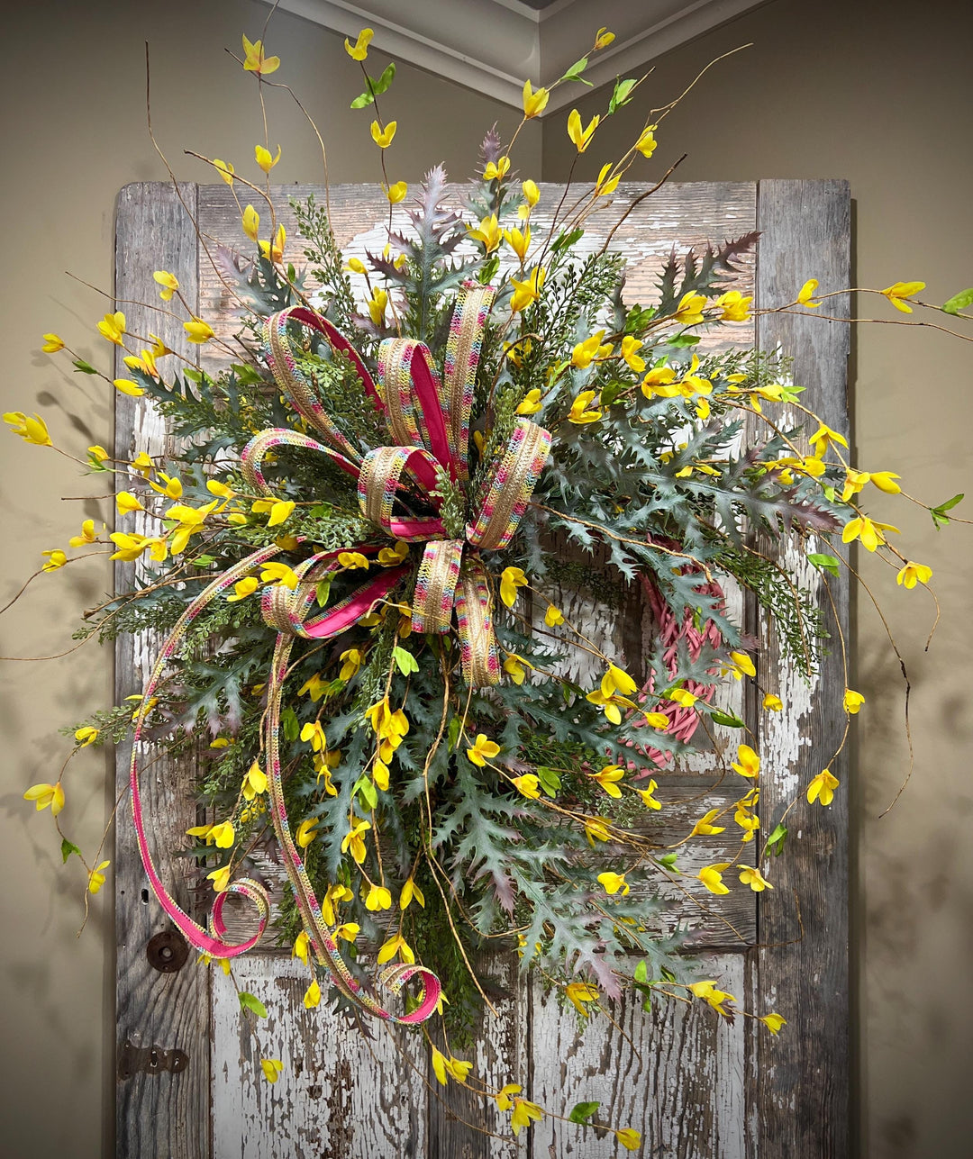 Spring and Easter Pink Willow Wild Forsythia Wreath -Designer Ribbon Bow with tails