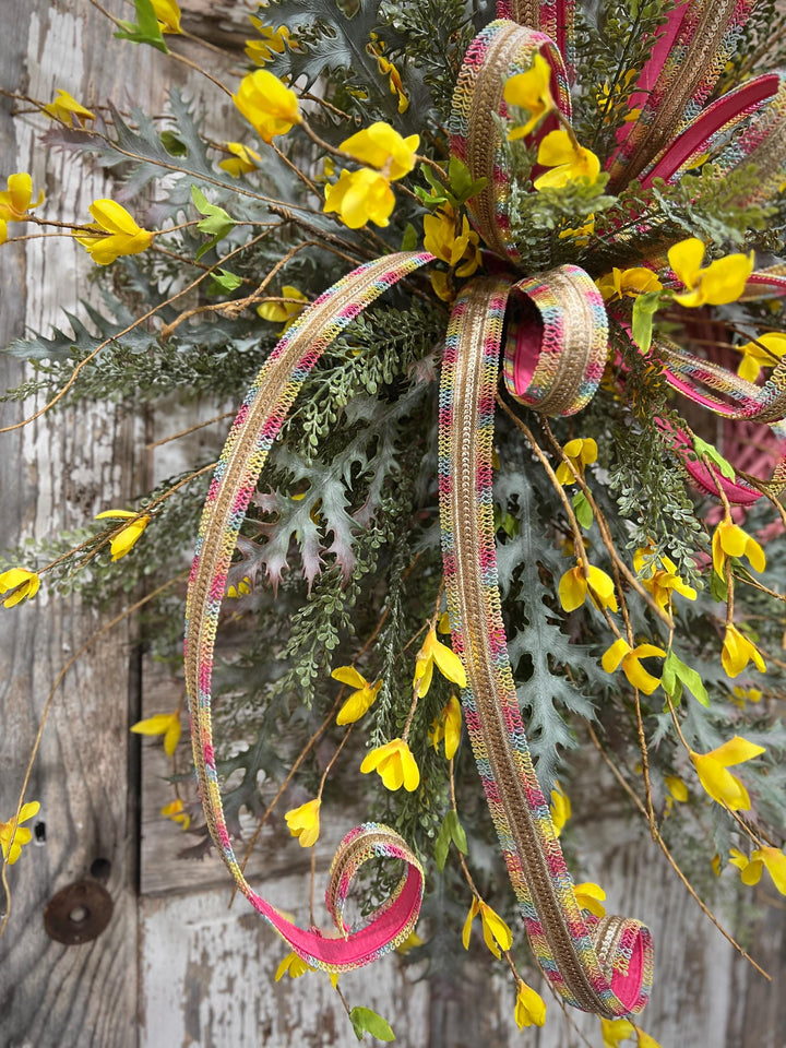 Spring and Easter Pink Willow Wild Forsythia Wreath -Designer Ribbon Bow with tails