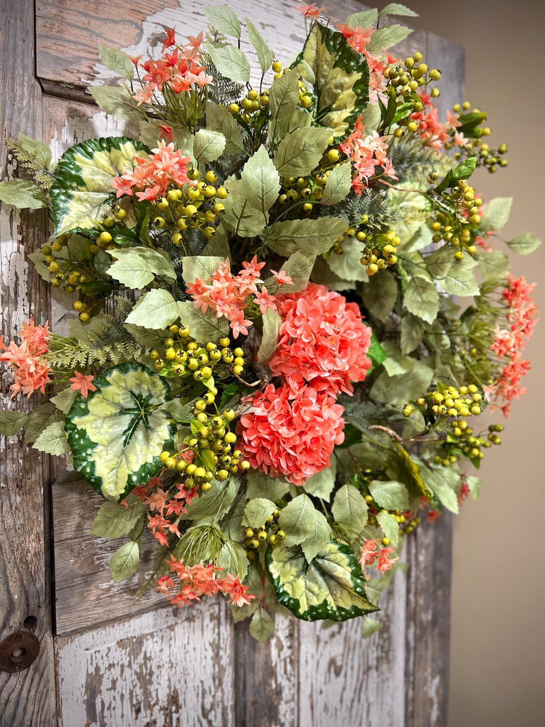 Coral Hydrangea Wreath – Spring Summer Front Door Decor
