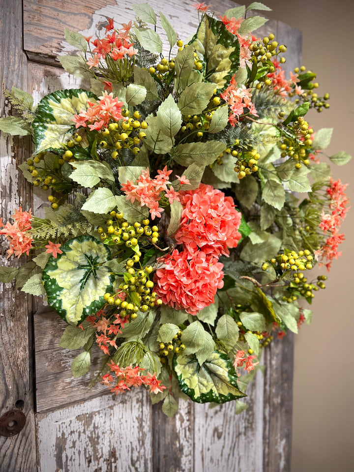 Coral Hydrangea Wreath – Spring Summer Front Door Decor