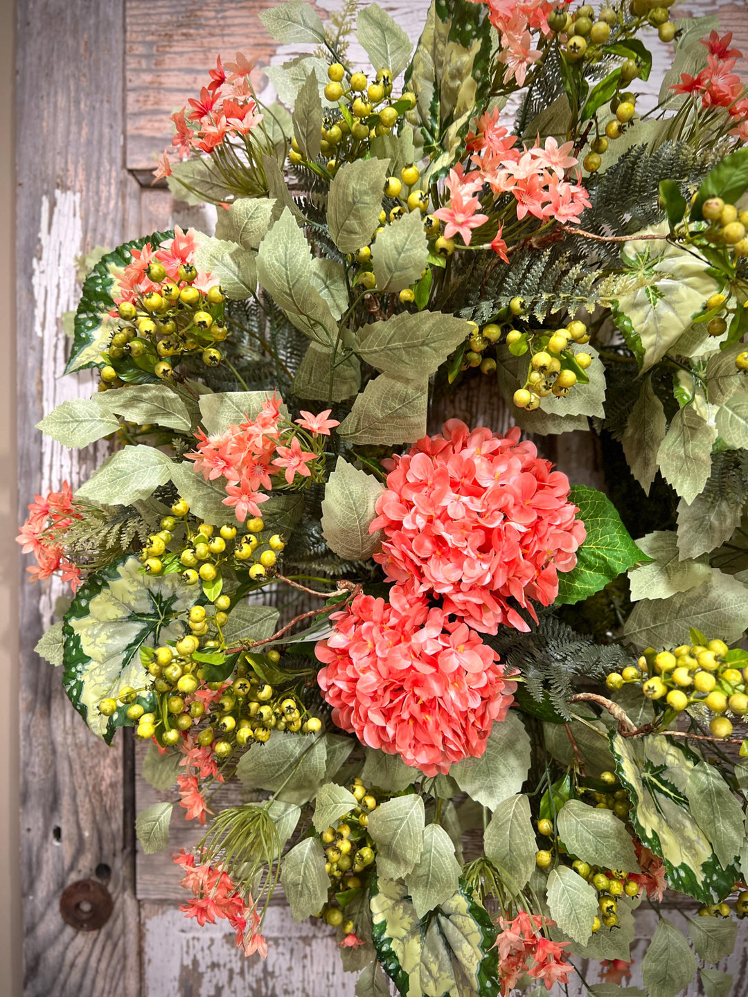 Coral Hydrangea Wreath – Spring Summer Front Door Decor