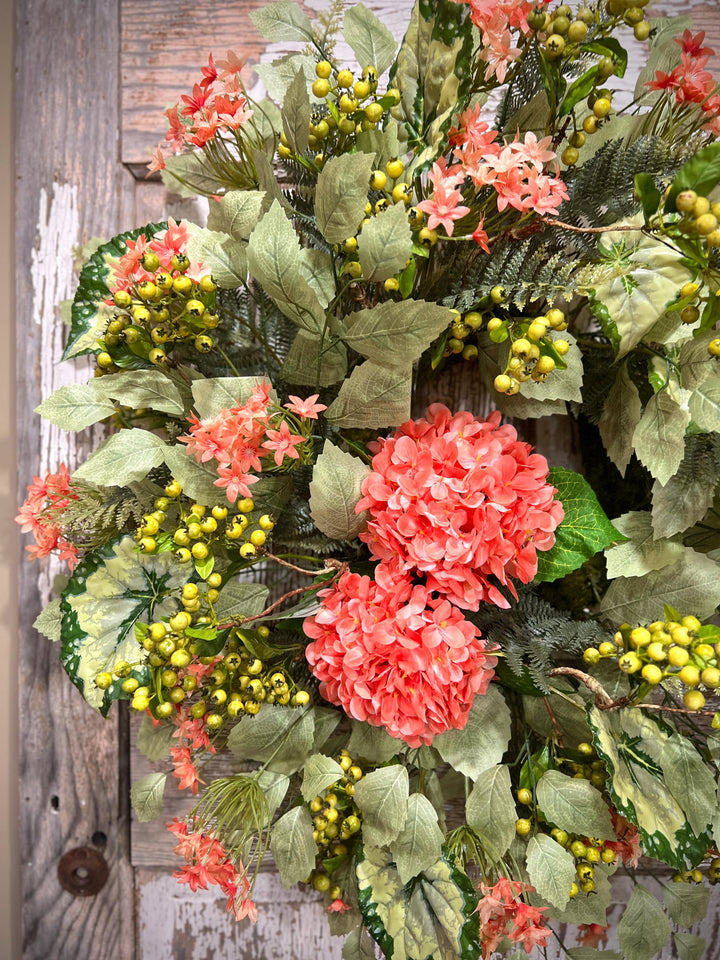 Coral Hydrangea Wreath – Spring Summer Front Door Decor