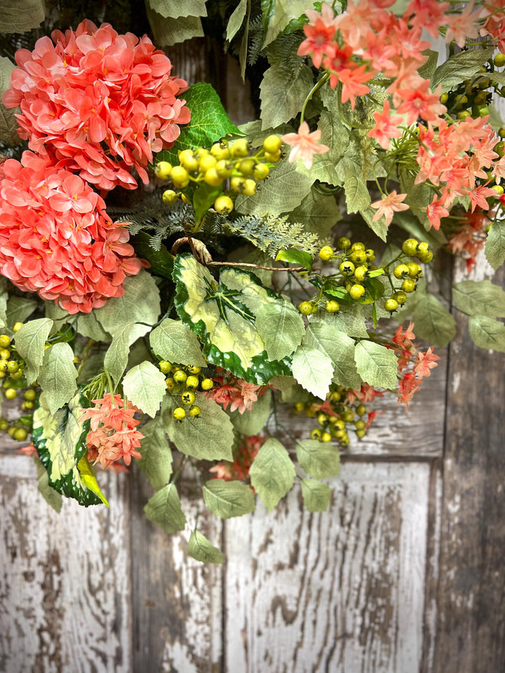 Coral Hydrangea Wreath – Spring Summer Front Door Decor