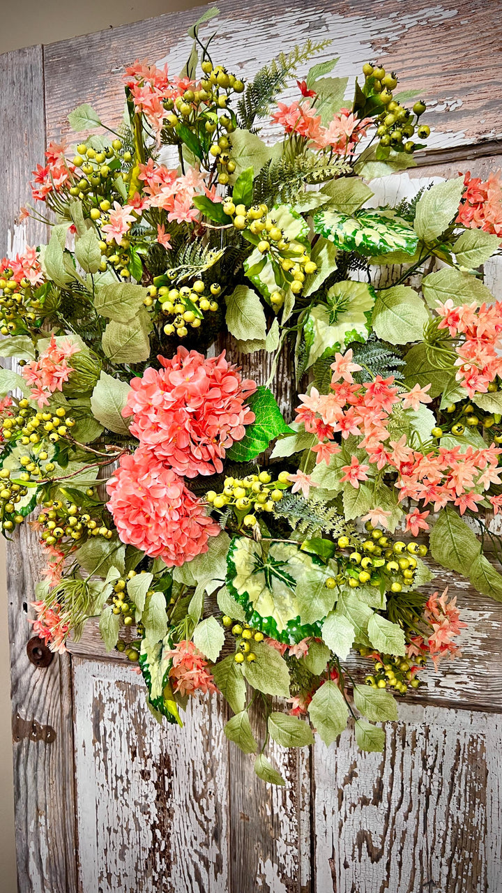Coral Hydrangea Wreath – Spring Summer Front Door Decor