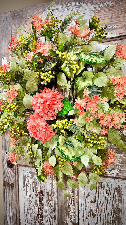 Coral Hydrangea Wreath – Spring Summer Front Door Decor