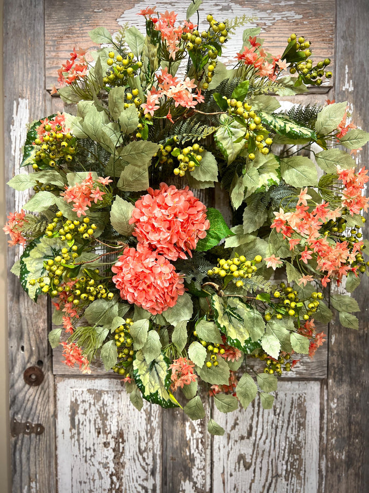Coral Hydrangea Wreath – Spring Summer Front Door Decor