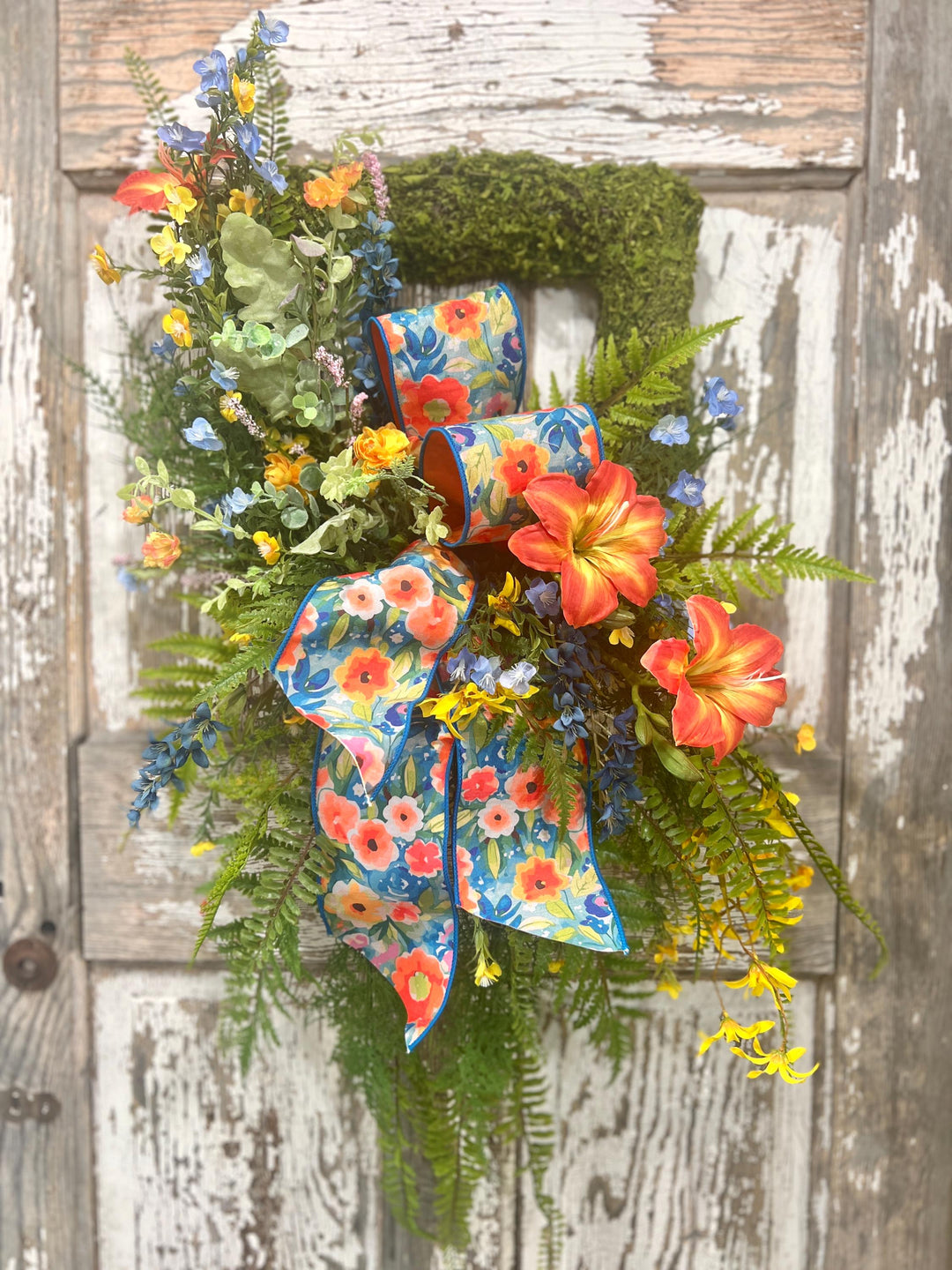 Moss Square Wreath with Day Lilies and Fern Greenery - Designer Blue and Orange Ribbon