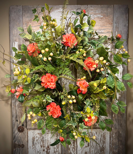Spring Floral Woodland Grapevine Wreath - Camelias with Ferns and Berries