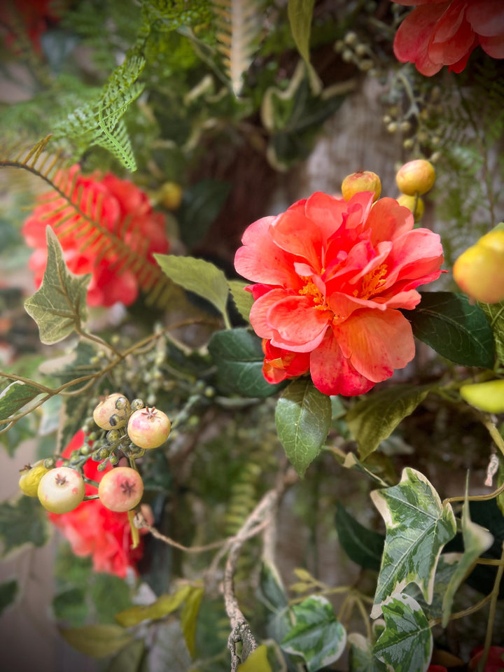 Spring Floral Woodland Grapevine Wreath - Camelias with Ferns and Berries