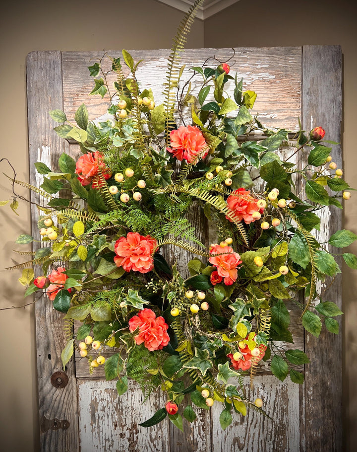 Spring Floral Woodland Grapevine Wreath - Camelias with Ferns and Berries