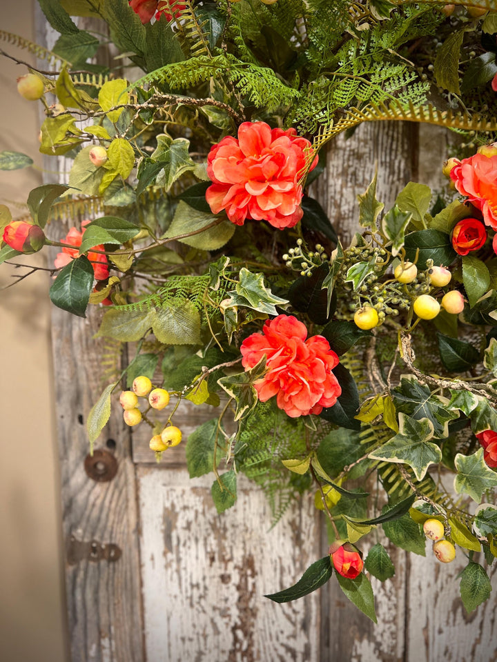 Spring Floral Woodland Grapevine Wreath - Camelias with Ferns and Berries