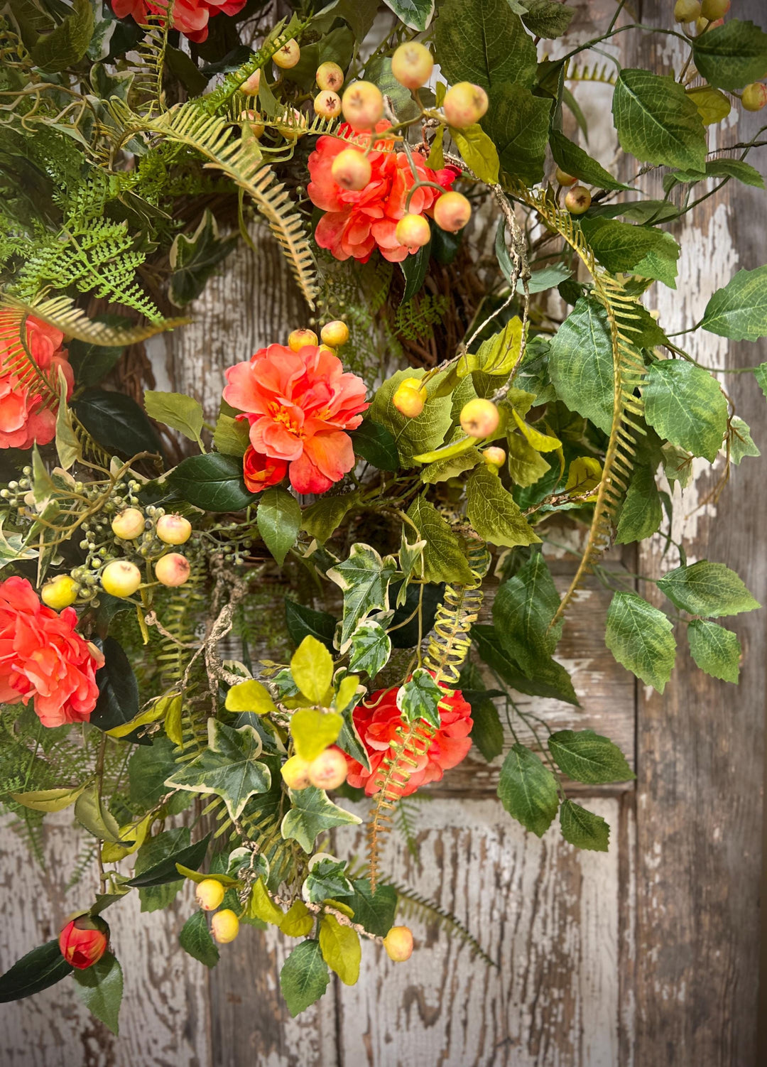 Spring Floral Woodland Grapevine Wreath - Camelias with Ferns and Berries