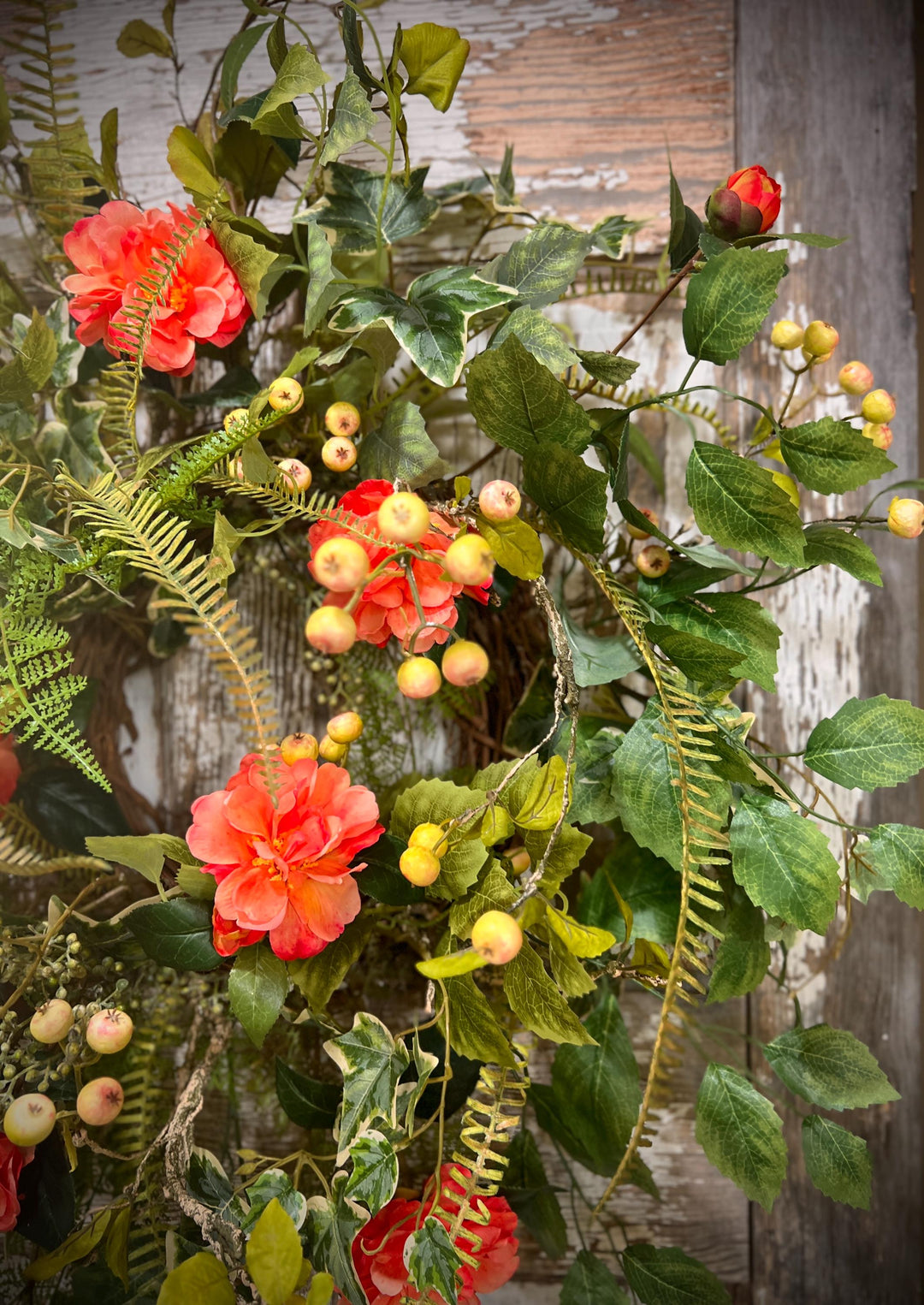 Spring Floral Woodland Grapevine Wreath - Camelias with Ferns and Berries