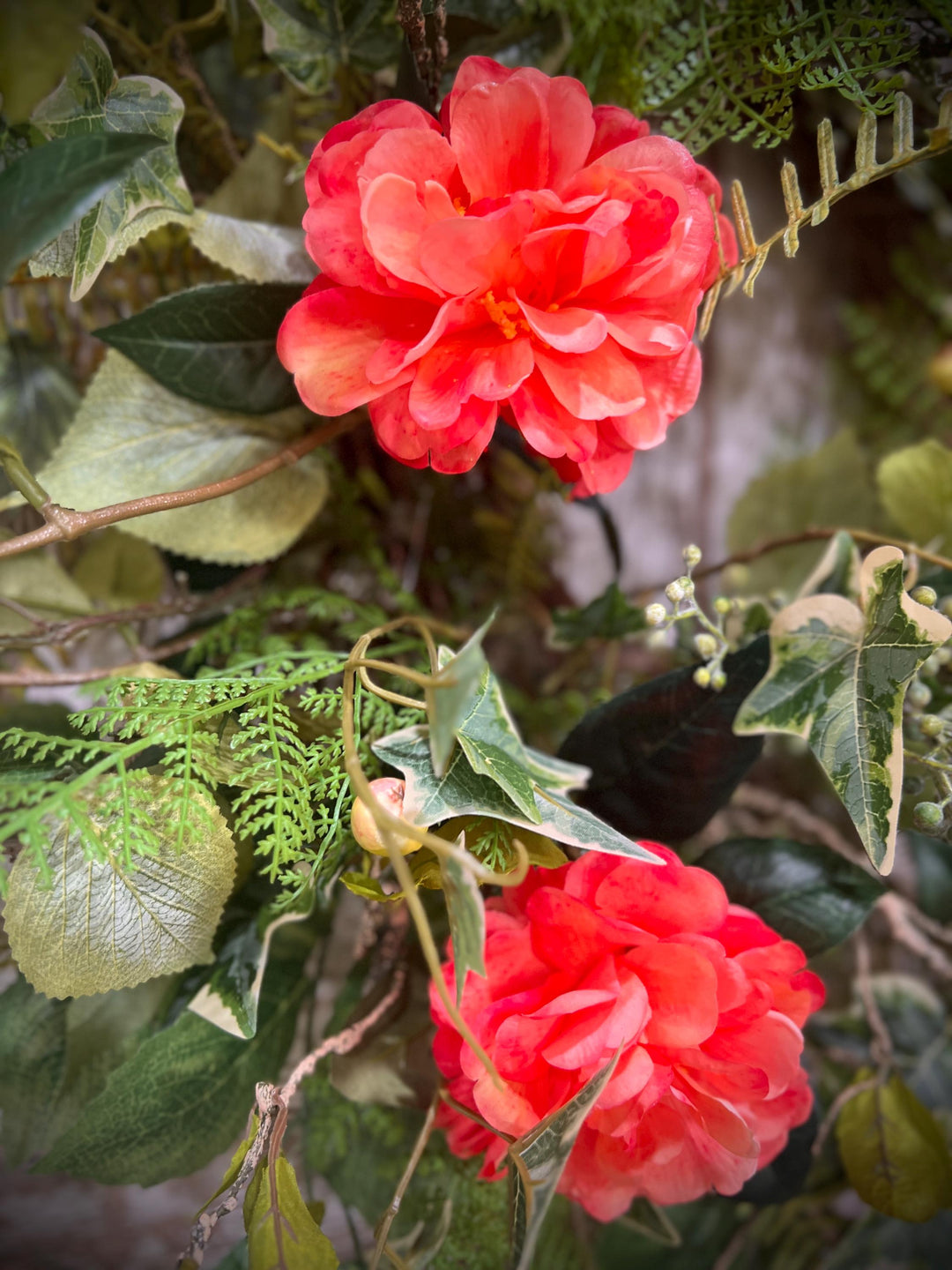 Spring Floral Woodland Grapevine Wreath - Camelias with Ferns and Berries