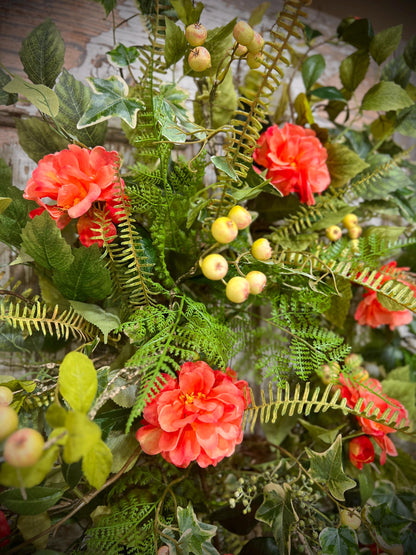 Spring Floral Woodland Grapevine Wreath - Camelias with Ferns and Berries