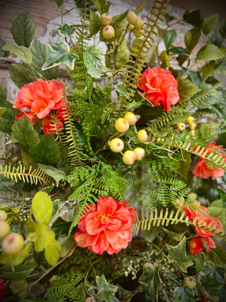 Spring Floral Woodland Grapevine Wreath - Camelias with Ferns and Berries