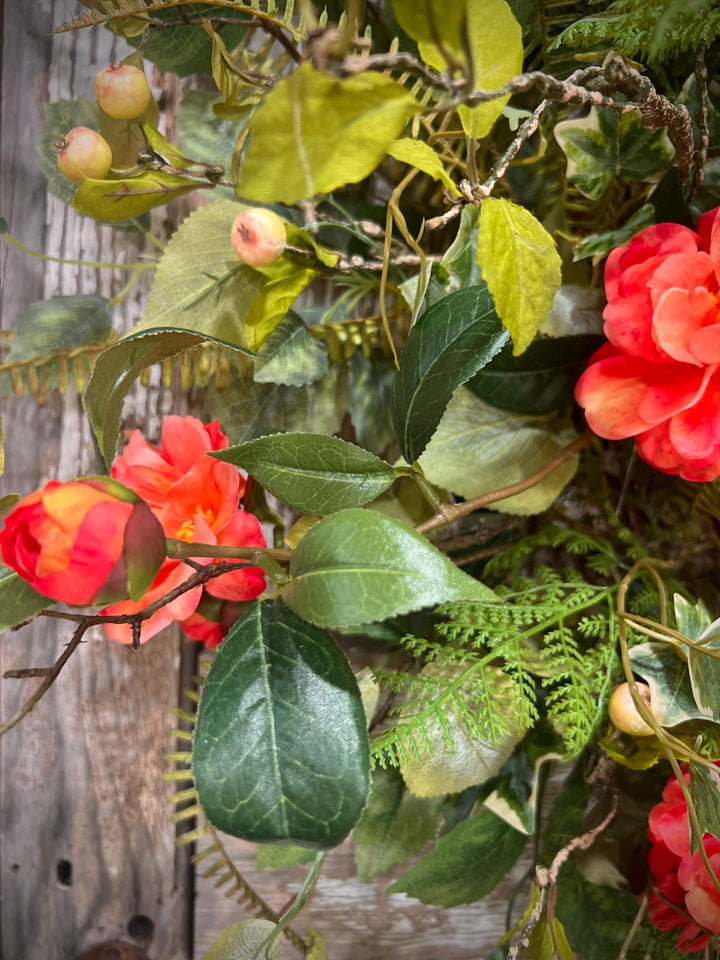 Spring Floral Woodland Grapevine Wreath - Camelias with Ferns and Berries