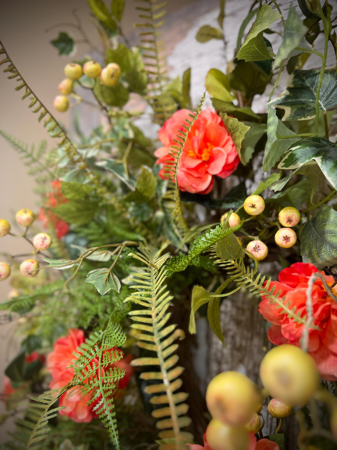 Spring Floral Woodland Grapevine Wreath - Camelias with Ferns and Berries