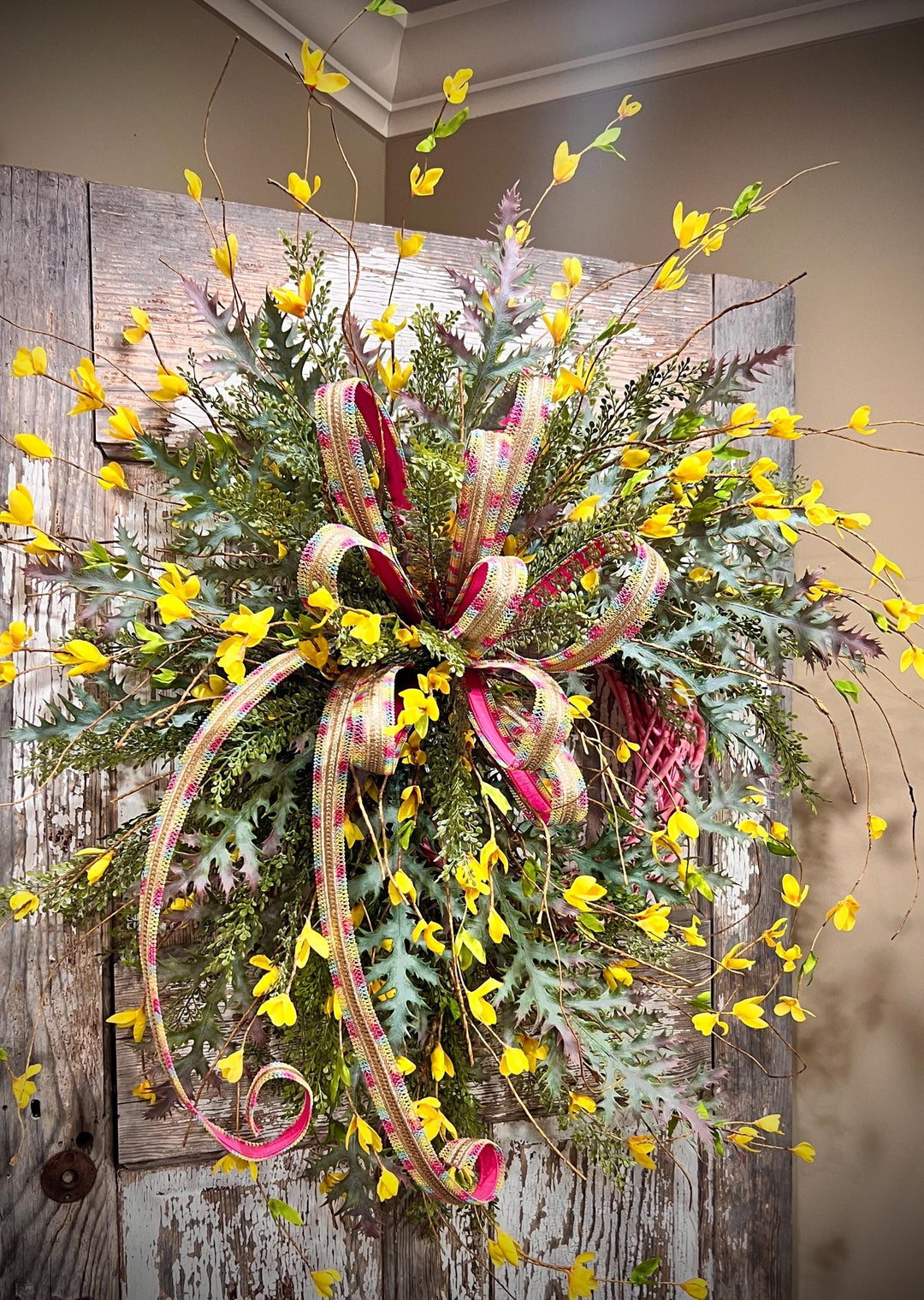 Spring and Easter Pink Willow Wild Forsythia Wreath -Designer Ribbon Bow with tails