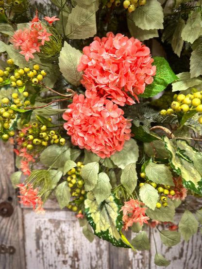Coral Hydrangea Wreath – Spring Summer Front Door Decor