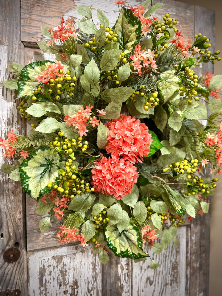 Coral Hydrangea Wreath – Spring Summer Front Door Decor
