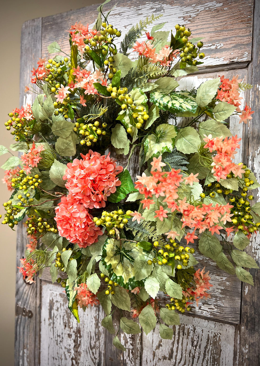 Coral Hydrangea Wreath – Spring Summer Front Door Decor